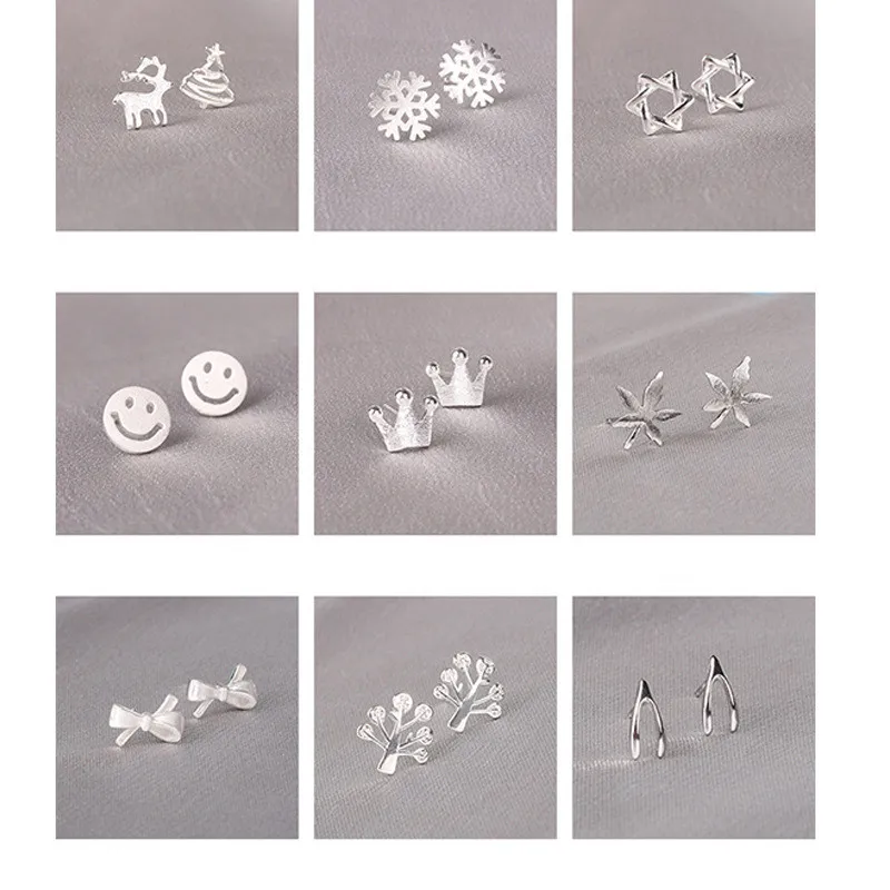 

100% 925 Solid Real Sterling Silver Piercing Tree Crown Bowknot Heart Stud Earrings for Women Elegant Wedding Jewelry Gift