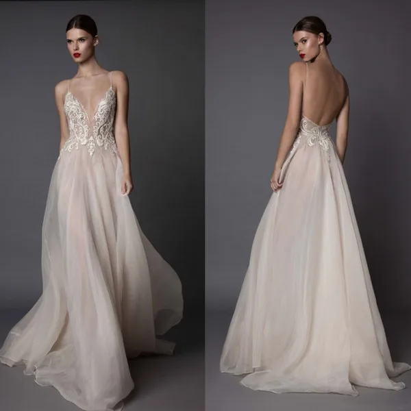 Real Image Berta 2017 Wedding Dresses Spaghetti Neckline Appliques Sequins Wedding Gowns Backless Floor Length Plus Size Wedding Dress