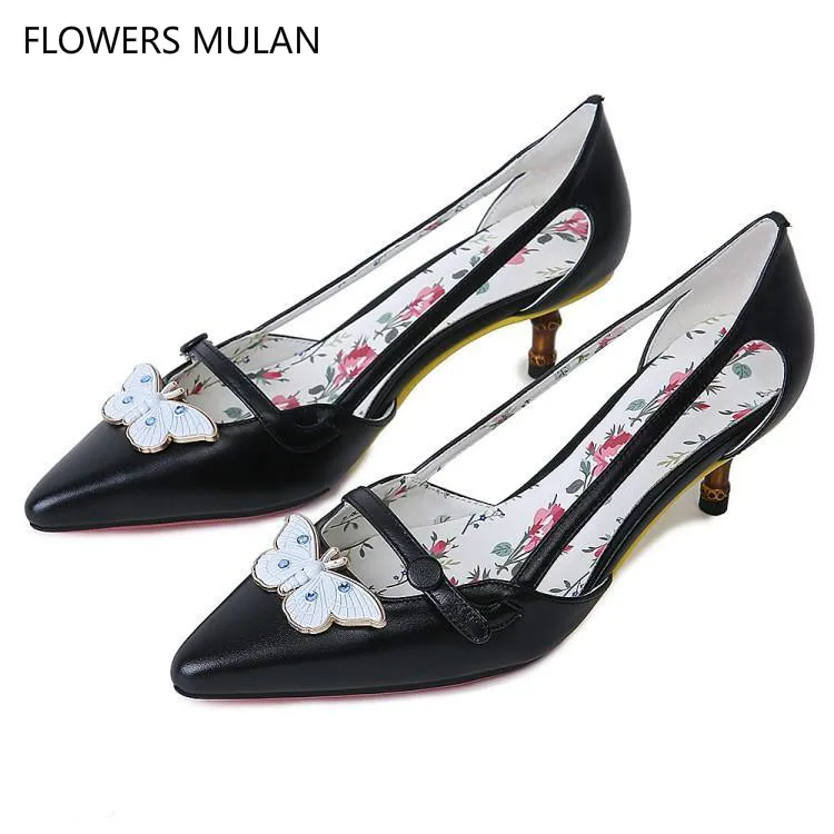 

Solid Black White Leather Women High Heels Shoes Pointed Toe Bamboo Strange Heels Lady Pumps Moth Shoes Woman Designers Sandals