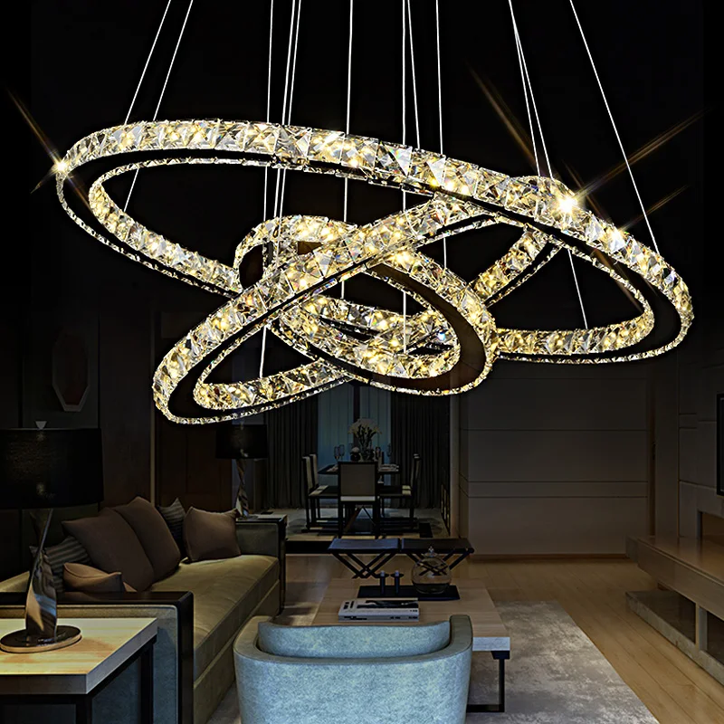 Us 86 69 49 Off Modern Crystal 3 Rings Chandelier Led Luster Chandelier Ceiling For Living Room Chrome Exposed Lamp Lustres Pendant Lamp In Pendant