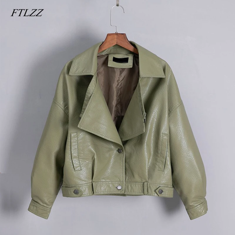 

FTLZZ New Women Vintage Faux Leather Jacket Loose Coat Single Breasted Motorcycle Leather Jackets Female Short Outwear