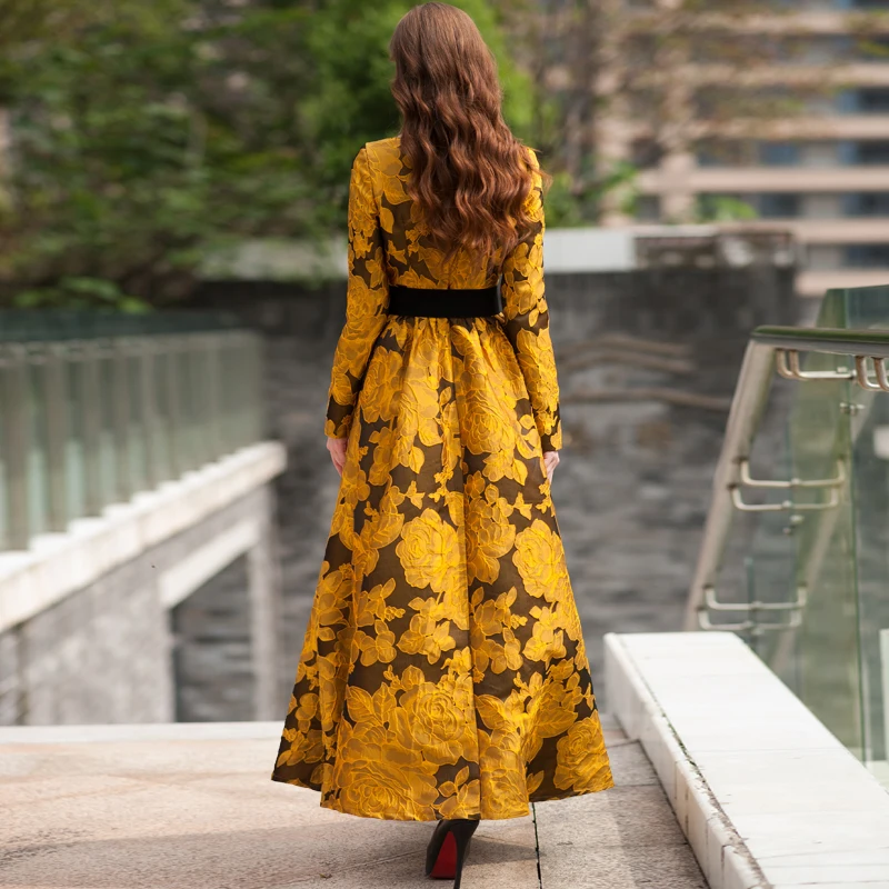 Newest Fall 2018 Designer Maxi Dress Party Dress Women's Long Sleeve Gorgeous Floral Jacquard Long Dress plus size S-3XL