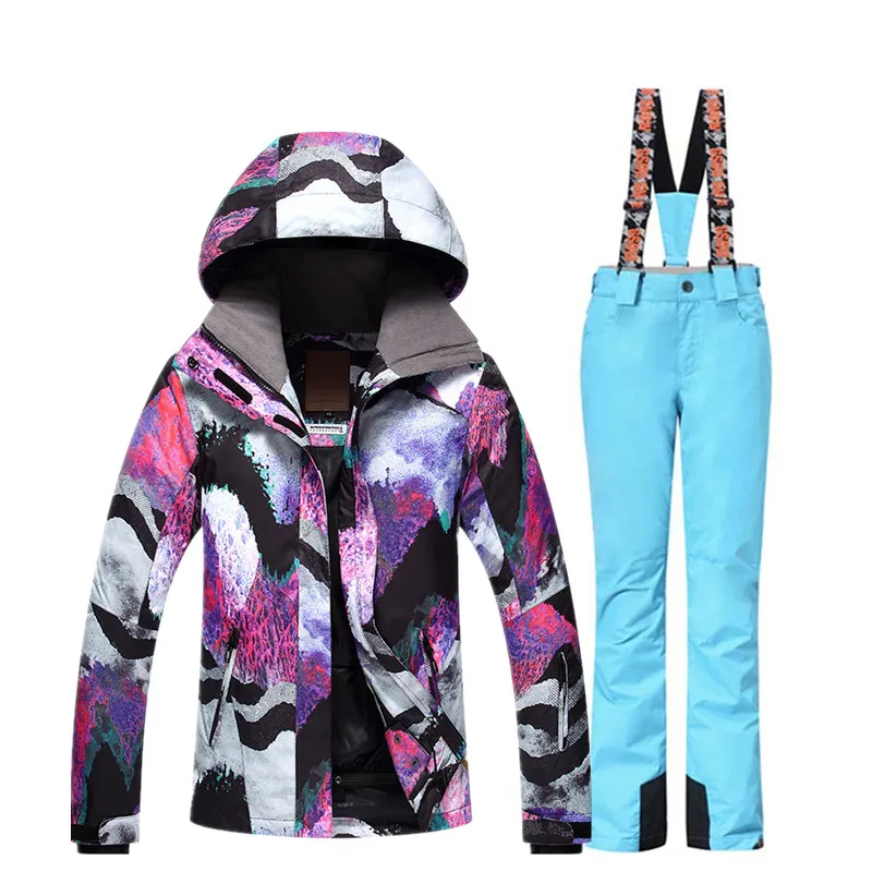 Gsou Snow/лыжи костюм Женская лыжная куртка брюки Зима Открытый дешевый лыжный костюм непромокаемый сноуборд куртка брюки ветрозащитная одежда - Цвет: CBL