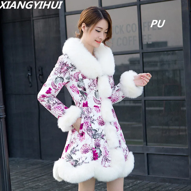 

2018 top Fur PU Jacket Women Winter dowm cotton outerwear long plus size Fur splicing Fox collars Leather Blends female coats