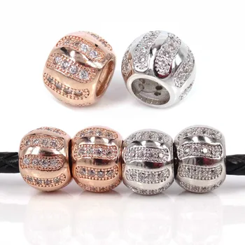 

2019 New Style 7*9mm Silvering European Inlay Zircon Big Hole Brass Beads For Pandora Bracelets Jewelry Making,Free Shipping