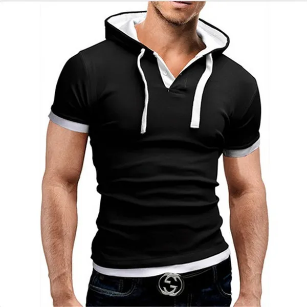 IceLion, летняя мужская футболка с капюшоном, короткий рукав, облегающая футболка, модная, на пуговицах, воротник, одноцветная, Повседневная футболка, мужские Топы И Футболки - Цвет: Black white