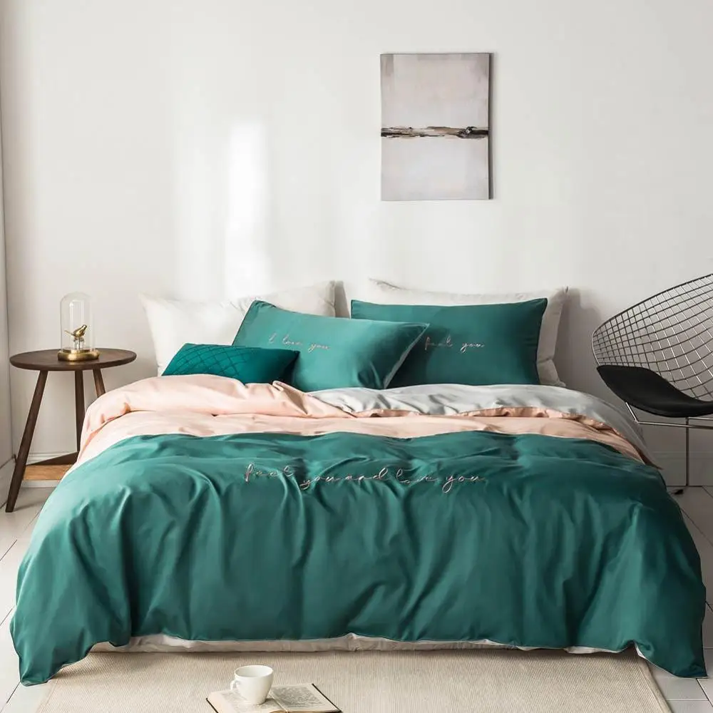 

2019 Dark Green Beige Brief INS Embroidery Bedlinens Artificial Silk Satin Duvet Cover Set Queen King Bedsheet Bedding Set