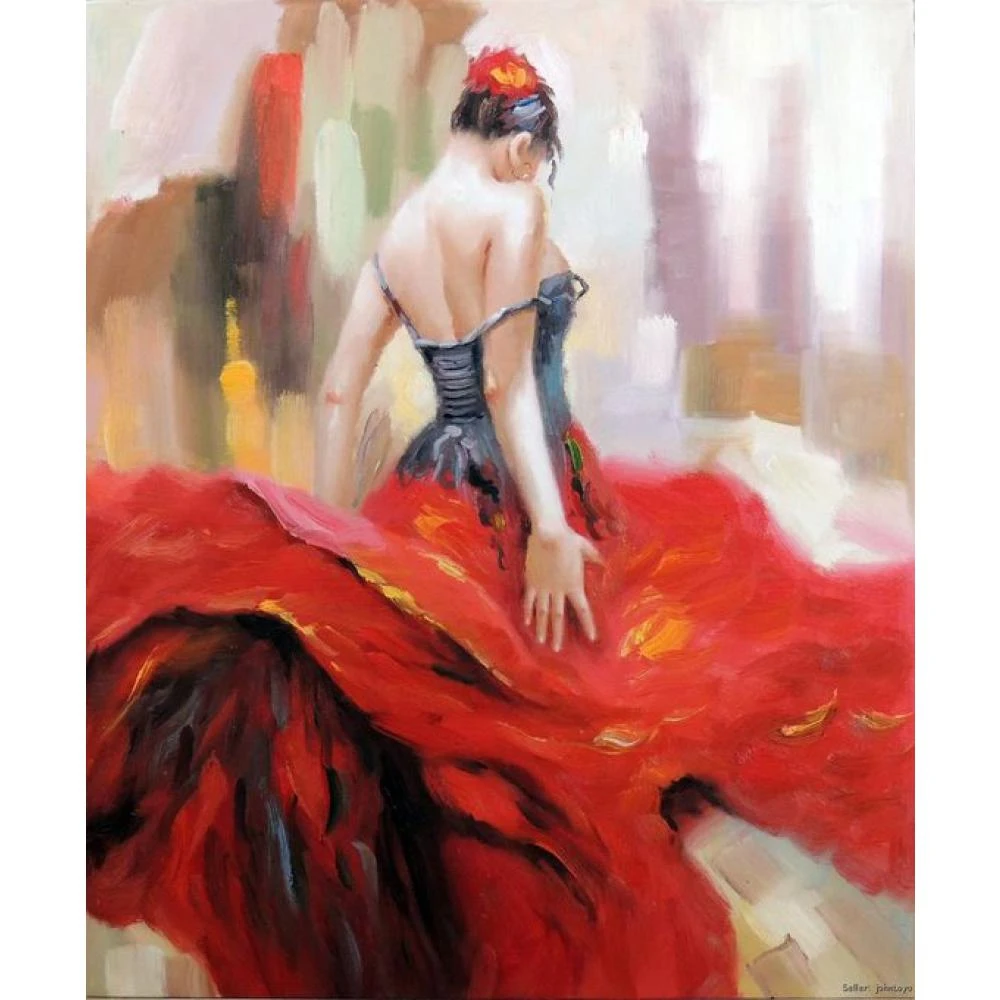 Peintures à l'huile faites à la main, figurine de danseur Flamenco, gitane espagnol, robe rouge vif, peinture à l'huile brune, toile d'art pour décor mural | AliExpress