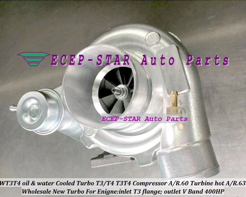 WT3T4 oil Cooled Turbo T3T4 T3T4 Internal Wastegate;Compressor AR .60 Turbine hot AR.63 inlet T3 flange;outlet V Band 400HP  (1)