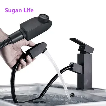 

Sugan Life 2019 NEW Pull Out Black Kitchen Faucet Copper Sink Nickel Brushed Kitchen Mixer Square Faucets/Bathroom Basin Faucet