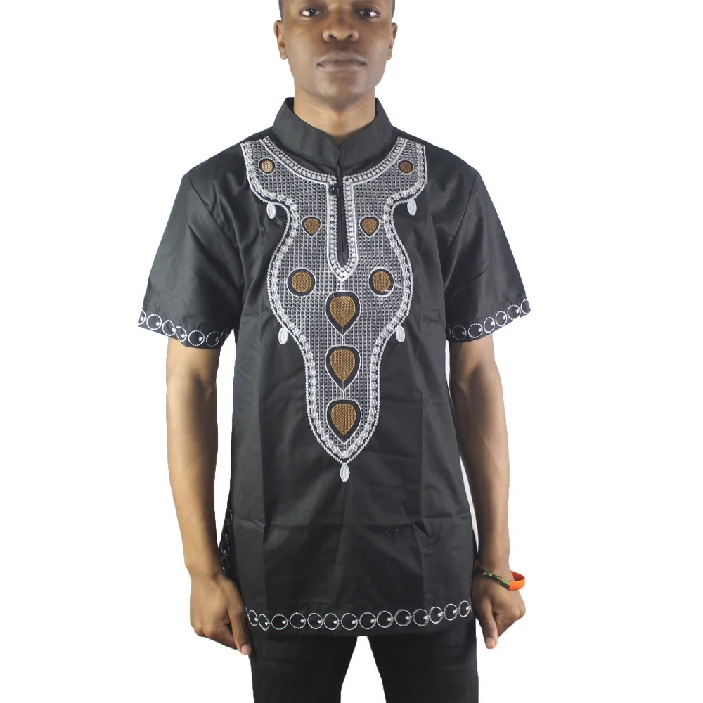 

Africa Black Abstract Embroidery Men`s Ethnic Tops Mandarin Collar Dashiki Shirts For Wedding