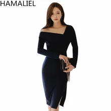 HAMALIEL Women Sheath Long Sleeve Dress 2018 Spring Solid Asymmetrical Collar Bodycon Slim Pencil Ladies Split Party Sexy Dress