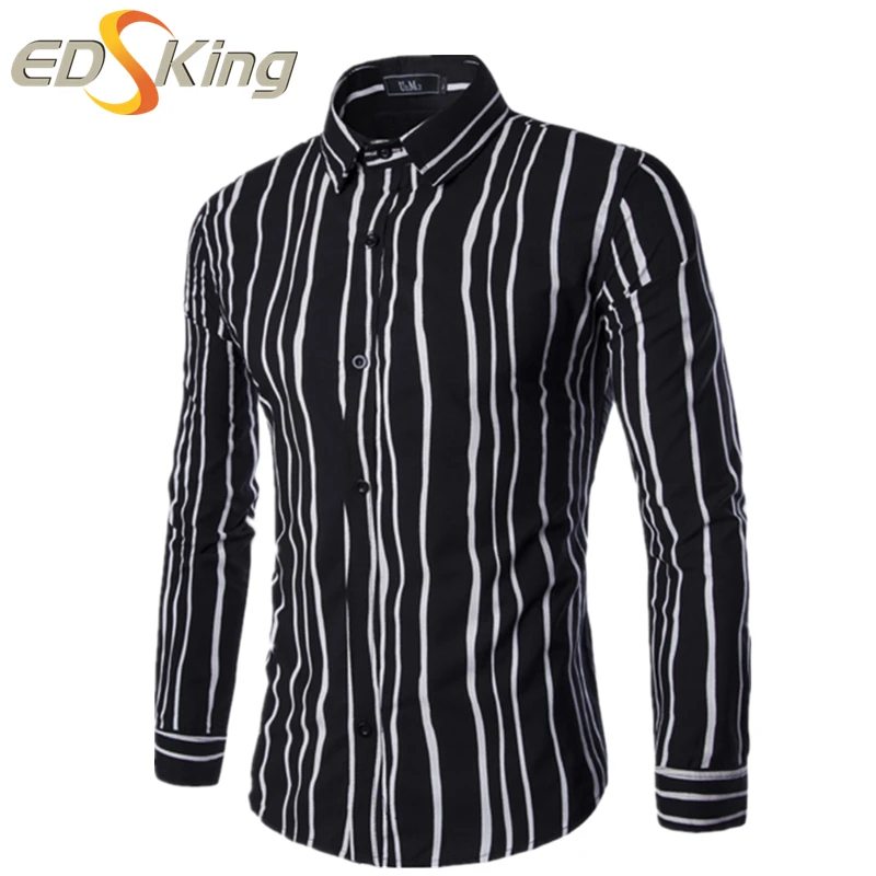Hot Sale Mens Shirt Square Collar Striped Casual Long Sleeve Men Dress
