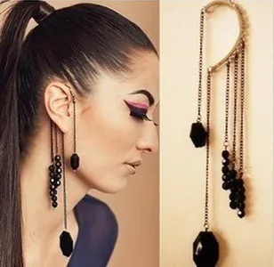 

24pcs(not pair) Free Shipping Wholesale Fashion Punk black gem Tassel ear hook earrings Ear Clip Ear Cuff