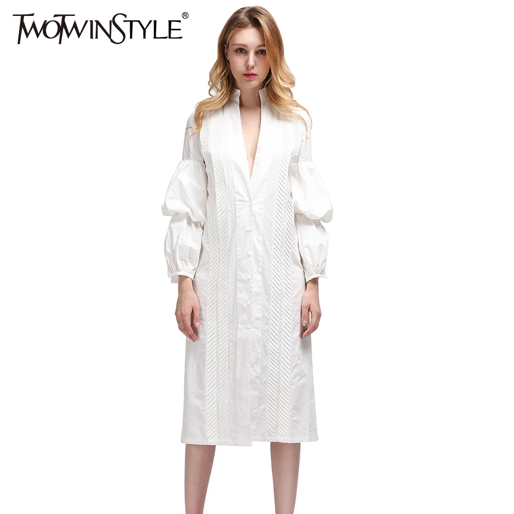 

TWOTWINSTYLE 2019 Depp V Neck Women's Blouses Shirts Puff Long Sleeve feminine White blouse Big Sizes Casual Clothing Korean