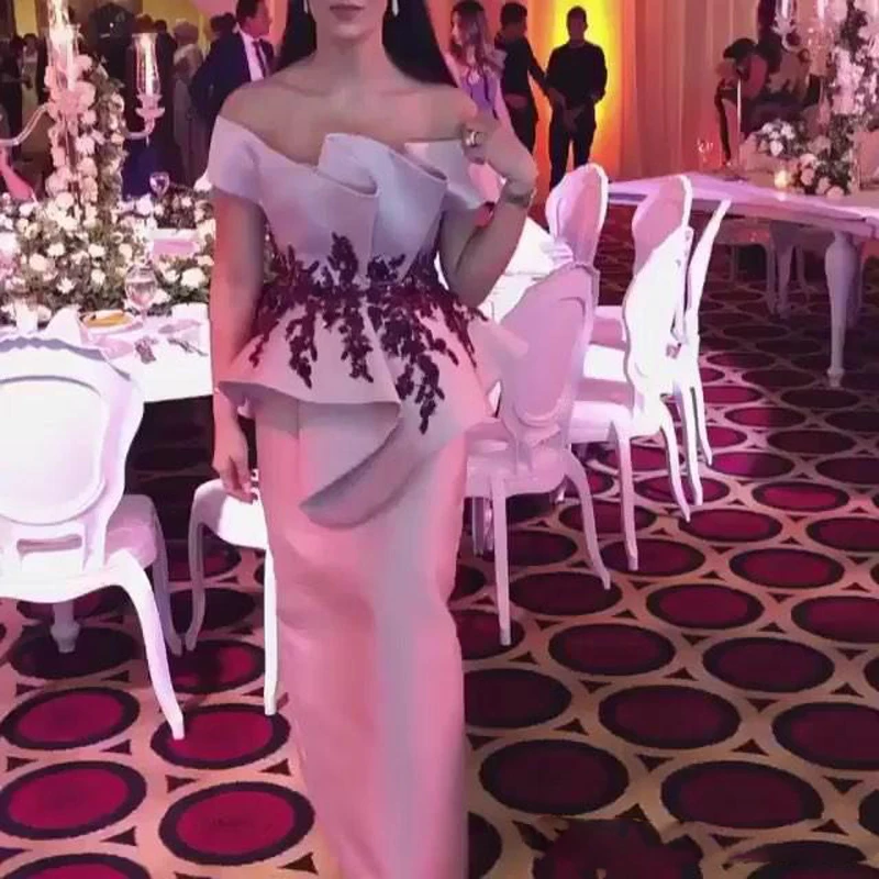 Новейшее прямое платье для выпускного вечера Gala jurken Vestido de festa longo с открытыми плечами и оборками, аппликация знаменитостей, официальное вечернее платье