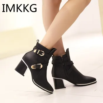

Women Boots Thick Heel Boots Ankle Boots Pointed Toe Spring Ladies Boots Female Zip Buckle Blue Red Shoes Large Size 34-43 V804