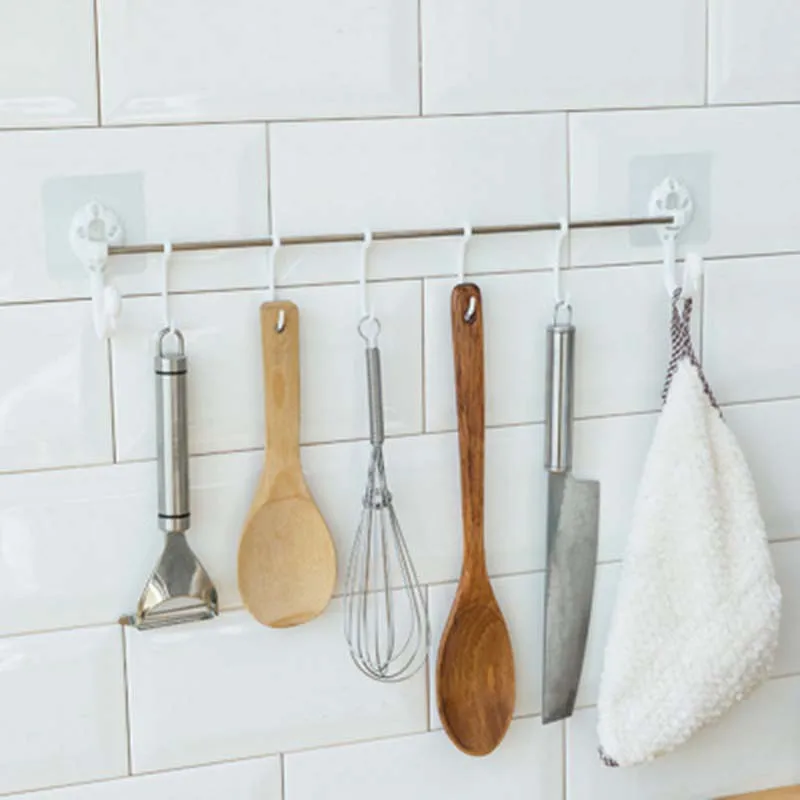 

Multifunctional Free Punching 7 Row Hooks Kitchen Bathroom Hooks Wall Hanging Hooks Rack Seamless Adhesive Swan Design Hook 1PC