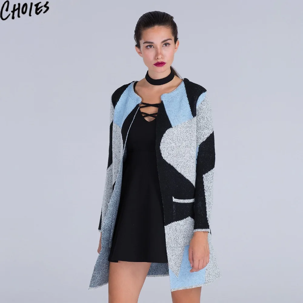 Women Color Block Longline Cardigan Casual Open Front Pockets Long Sleeve Knitted Sweater 2017 New Autumn Elegant Brief Knitwear