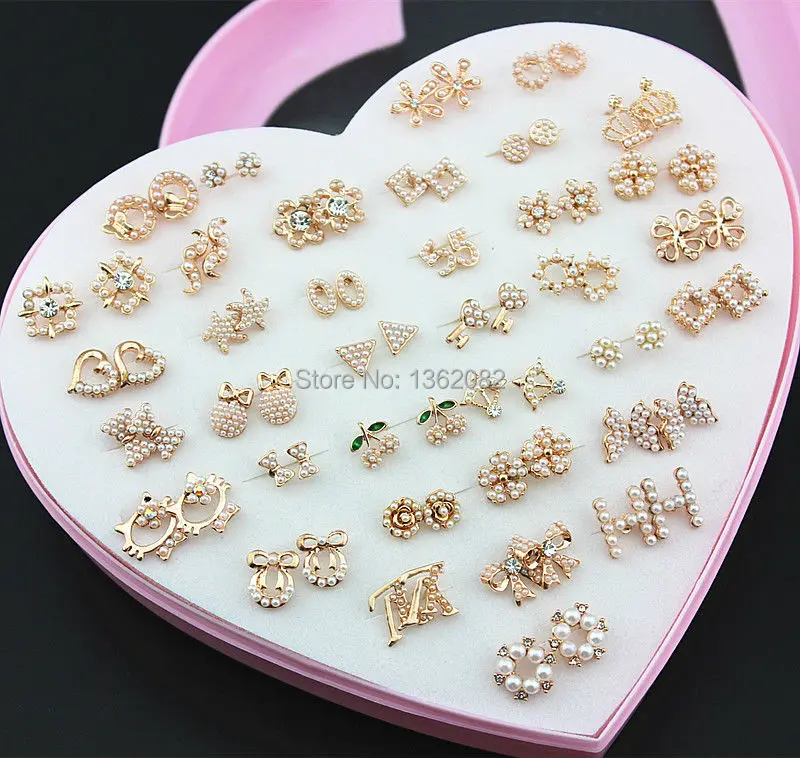 

Wholesale lots 36 pairs Light Rose Gold Earrings Random Styles Imitation Pearls Beaded Stud Earrings Christmas Gift ME224