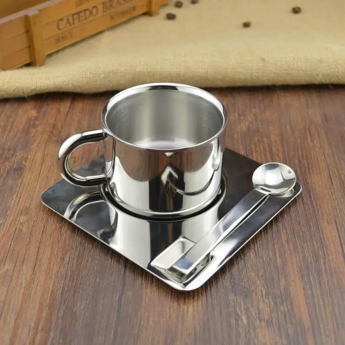 

Creative Coffee Cup Saucer Set Food Grade 304 Stainless Steel Cups Espresso Cappuccino Coffee Cup Dish Spoon Continental Set