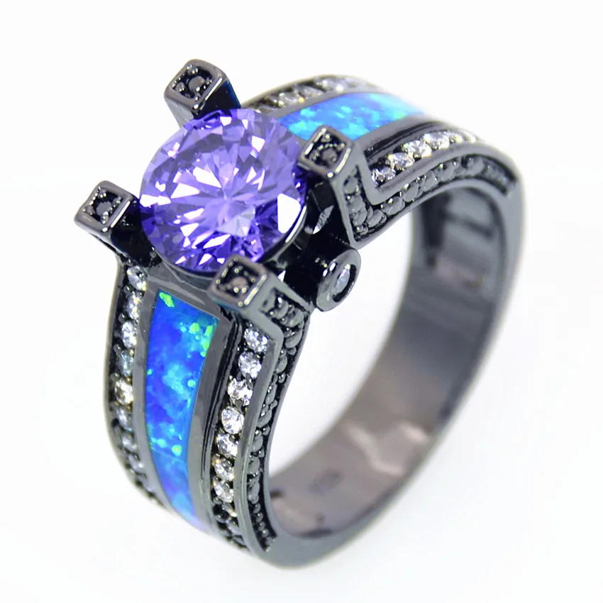 Buy Blue Fire Opal Round Ring Fashion Black Gold