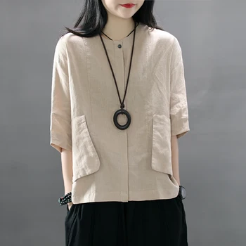 

JMY Original New Summer 3/4 Sleeve Cotton Linen Feminine Blouses Loose O Neck Single Breasted Shirts Solid Color Women Tops