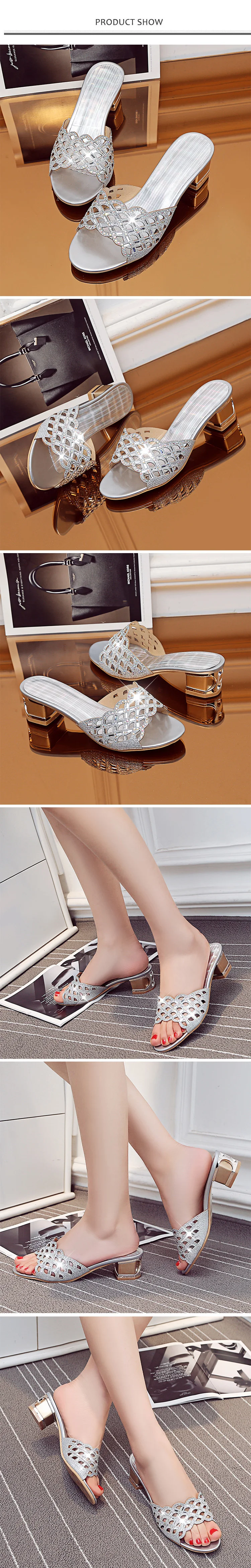 New Summer Women Slippers Middle Square Heel Bling Crystal Fashion Women Shoes Gold Mules Outside Slides Big Size 33-45