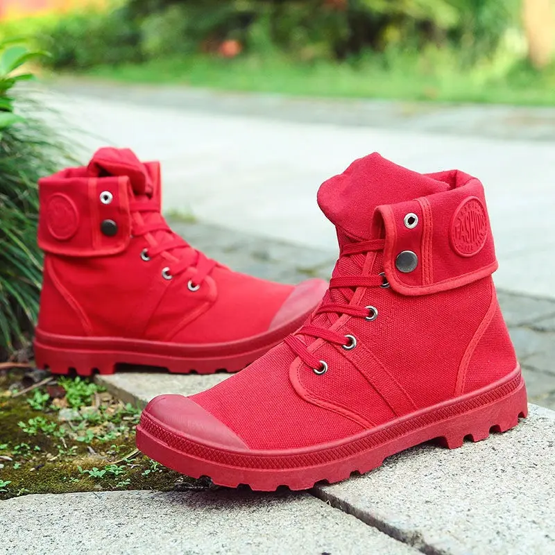 Merkmak/парусиновая обувь; мужские ботинки для отдыха с высоким берцем; мужские ботильоны на плоской подошве; Повседневная обувь; сезон весна-осень; цвет синий; - Цвет: red  canvas shoes