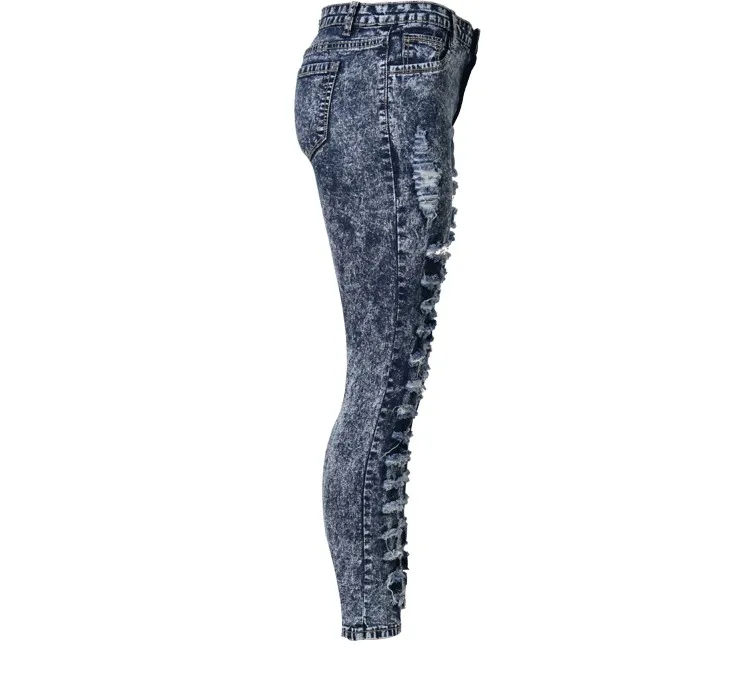 Джинсы женские стильные рваные по всей длине голенище карандаш синий Стрейчевые джинсы-скини тонкий сексуальный Высокая Талия модные джинсовые Для женщин джинсы