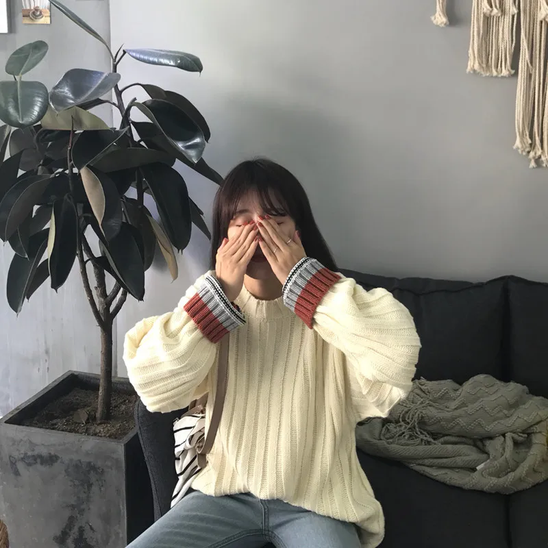 Autumn/Winter New O-neck Women Sweater with Colorful Cuff 2018 Loose Large Size Contrast Color Thick Knitting Female Pullover Autumn/Winter New O-neck Women Sweater with Colorful Cuff 2018 Loose Large Size Contrast Color Thick Knitting Female Pullover