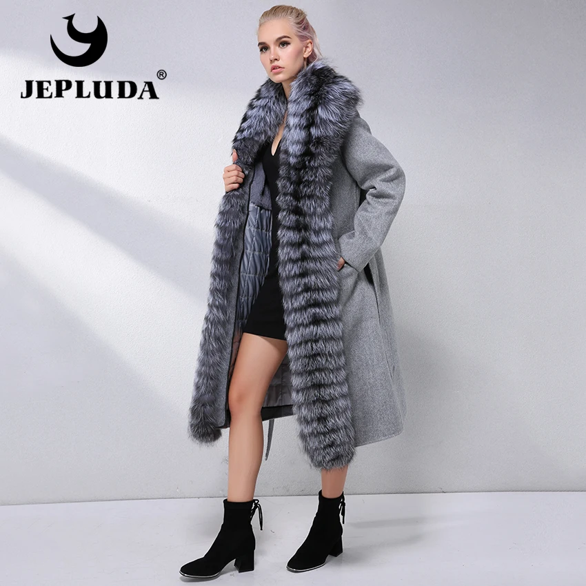 JEPLUDA Высокий Контент Кашемировое Пальто с Меховым Воротником Передняя
