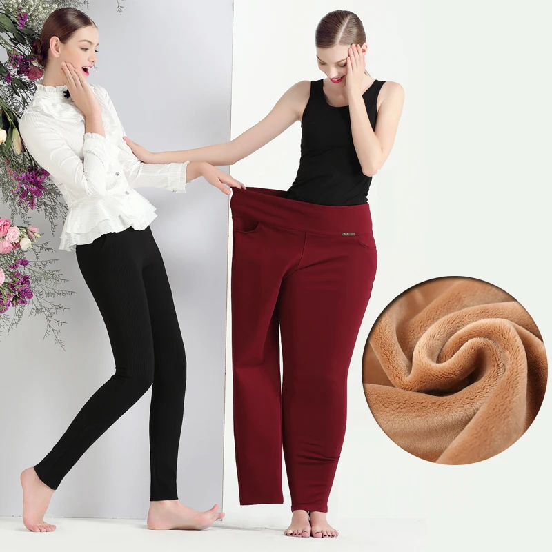 Stretch Pants Women High Waist Pencil Pants Winter 2018 Office Ladies Velvet Work Trousers Red Black Blue Leggings Plus Size 6XL