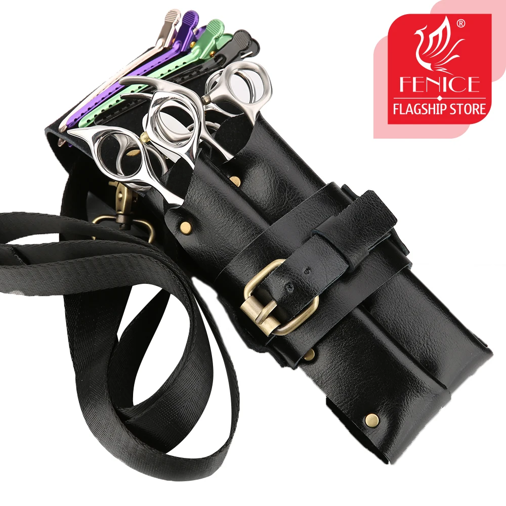 Fenice 5 Colors Scissors Case for Hairdresser Bag Rivet Leather Holster Pouch Scissors Clip Holder Case with Waist Shoulder Belt