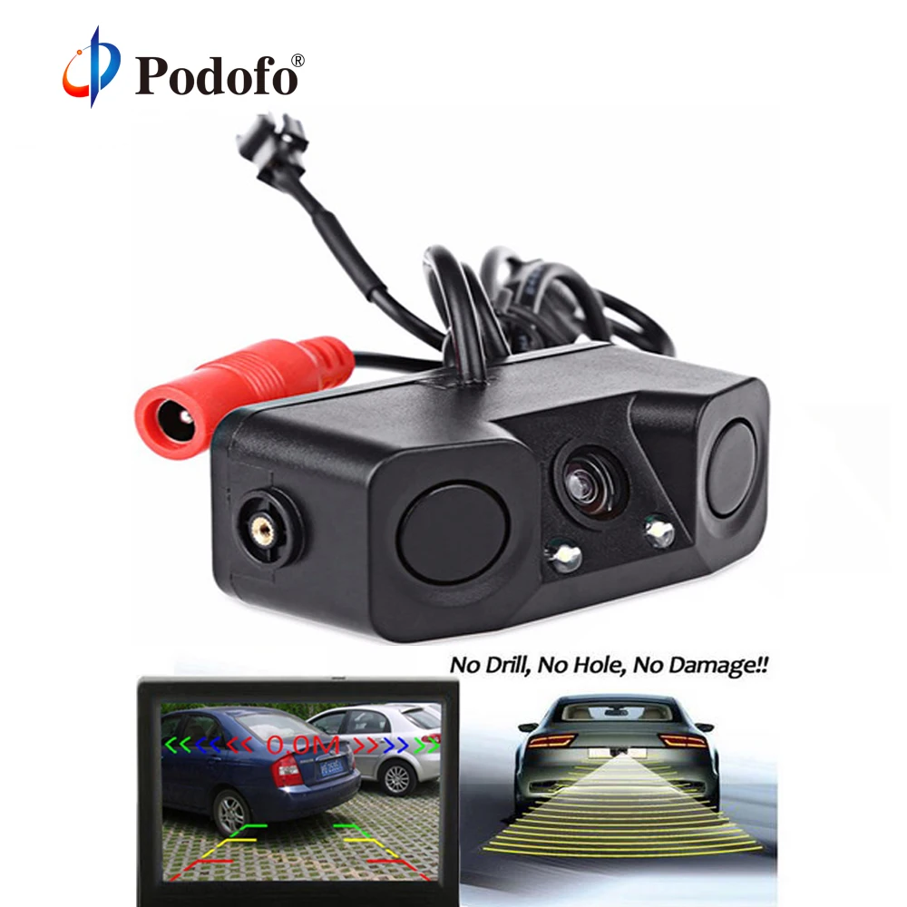 

Podofo 2 in 1 Sound Alarm Parking Assistant System Radar Detector Sensor Car Reverse Backup LED Rear View Camera Night Vision