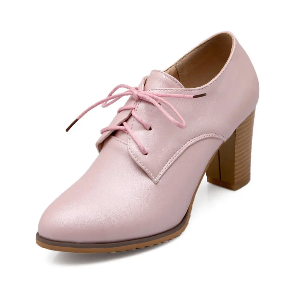 Обувь размера плюс 33-43; женские туфли-лодочки со шнурками; весенние туфли на высоком массивном каблуке; модная Офисная женская элегантная обувь; - Цвет: Розовый