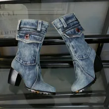 Stylish Blue Denim Boots Women Shoes Cowboy Pocket Design Knee High Boots Square Heel Short Plush High Heels Boots botas mujer Stylish Blue Denim Boots Women Shoes Cowboy Pocket Design Knee High Boots Square Heel Short Plush High Heels Boots botas mujer