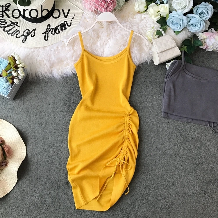 

Korobov Fashion Irregular Drawstring Women Dresses Short Knitted Korean Dress Korean Sexy Solid Spaghetti Strap Vestidos 78125