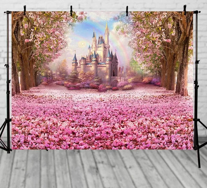 

pink flower tree rainbow princess cinderella castle Backgrounds Vinyl cloth High Computer printed Painted wall backdrop