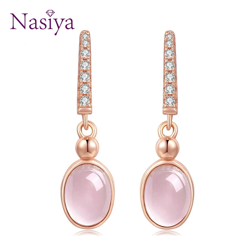 

Sterling Silver 925 Dangle Drop Earrings For women Jewelry Oval Natural Rose Quartz CZ Engagement Party For Valentine day gift