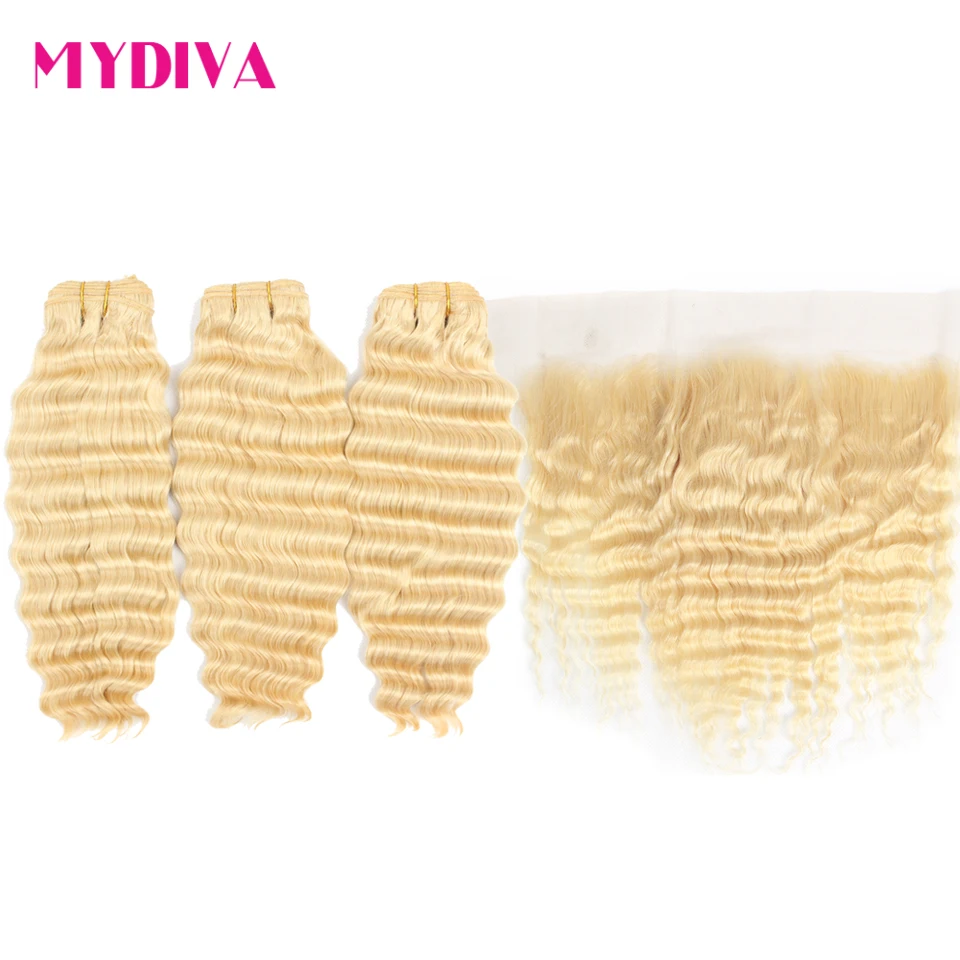 

Blonde 613 Deep Wave Bundles With Frontal Brazilian Remy Human Hair Weave Extensions Bundle Deals With Transparent Lace Frontal