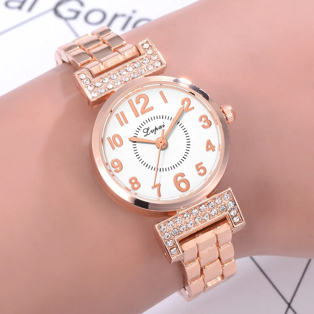 New Lvpai Fashion Brand Round Crystal Women Bracelet Watch Rose Gold Quartz Wristwatches Women Dress Watches Gift Clock