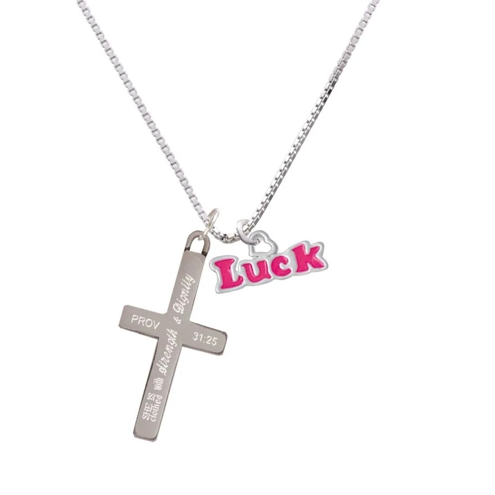 Hot Pink ''Luck'' with Heart - Strength and Dignity - Cross Necklace
