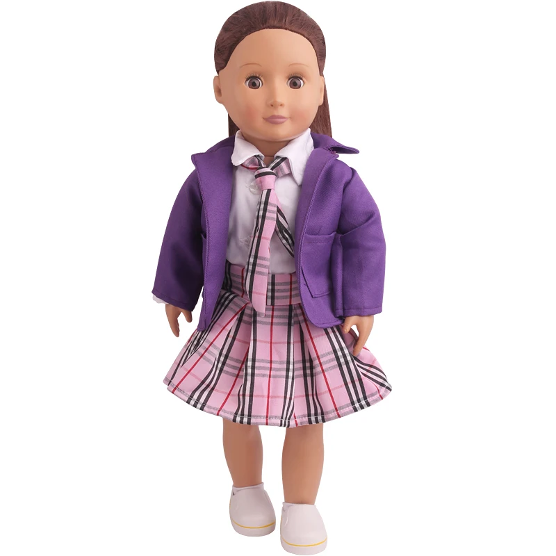 

18 inch Girls doll clothes Purple school uniform skirt suit 3 pcs American new born dress Baby toys fit 43 cm baby dolls c791