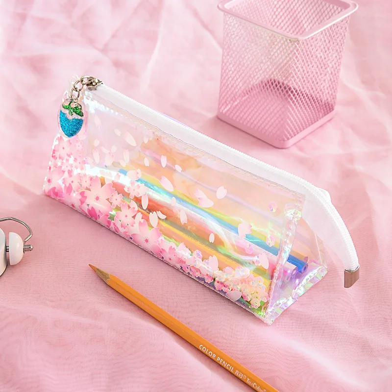 1 шт. цветной чехол карандаш с лазерными блестками Kawaii Cherry Blossom Прозрачный большой