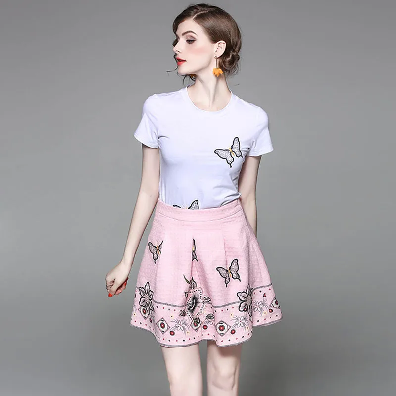 2017 Verão Runway Designer Definir a Forma Das Mulheres Duas Peças Set Casual Borboleta Bordado Top e Saia Set Suit Plus Size