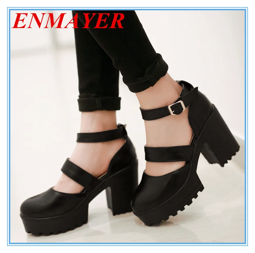 

ENMAYES  Ankle Strap grade PU women Pumps  solid Leisure black red brown  Platform Pumps Round Toe thick high heels shoes pumps