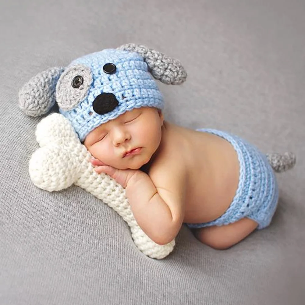 Новорожденных подставки для фотографий маленьких собак костюм с головным убором комплект с костями белого и синего цвета трикотажные шапочки младенче