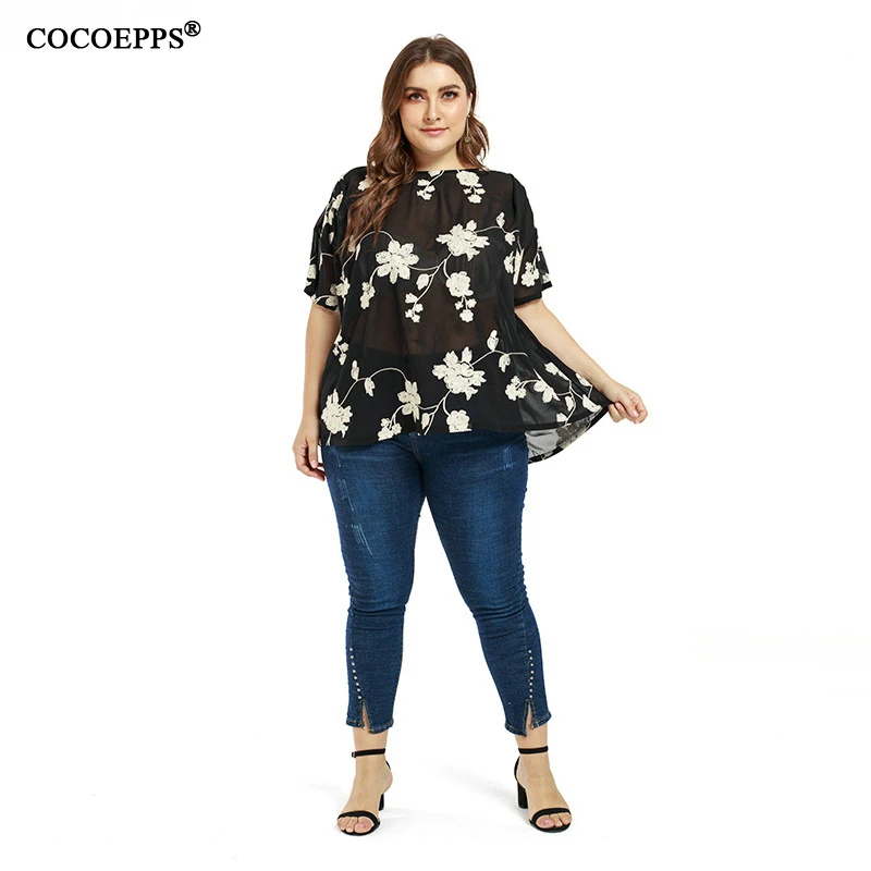

2019 New Plus Size Embroidery Chiffon T-Shirt Woman Fashionable Print Women Perspective Print Short T Shirt Casual Loose Tops