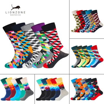 

Men Funny Happy Socks Fine Paragraph Diamond Pattern Argyle Three-dimensional Tube Geometric Funny Combed Cotton Socks 5Pairs